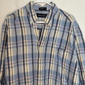 BRITCHES 100% Linen Button Down Mens XL Blue Plaid Casual Pocket
